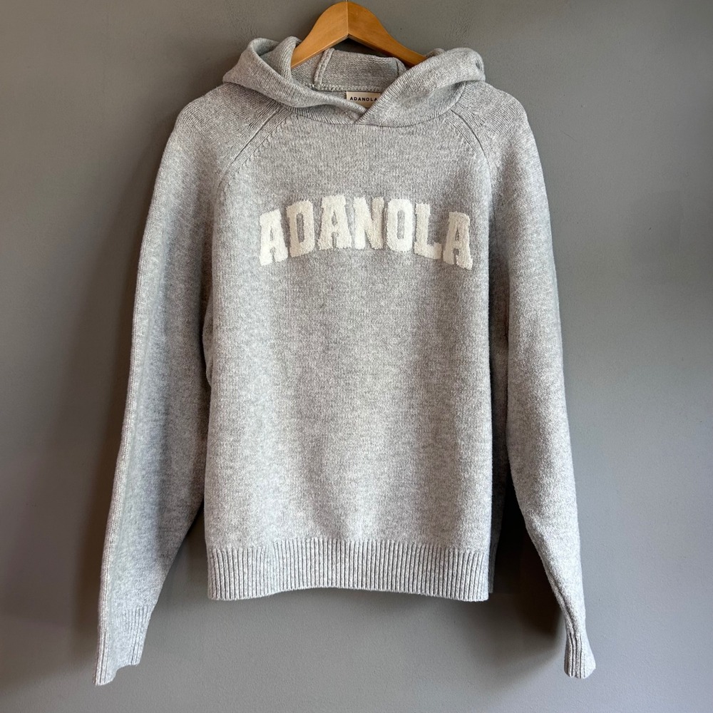Adanola Grey Marl Knit Logo Hoodie Sweatshirt Small Raglan Sleeve Wool Blend